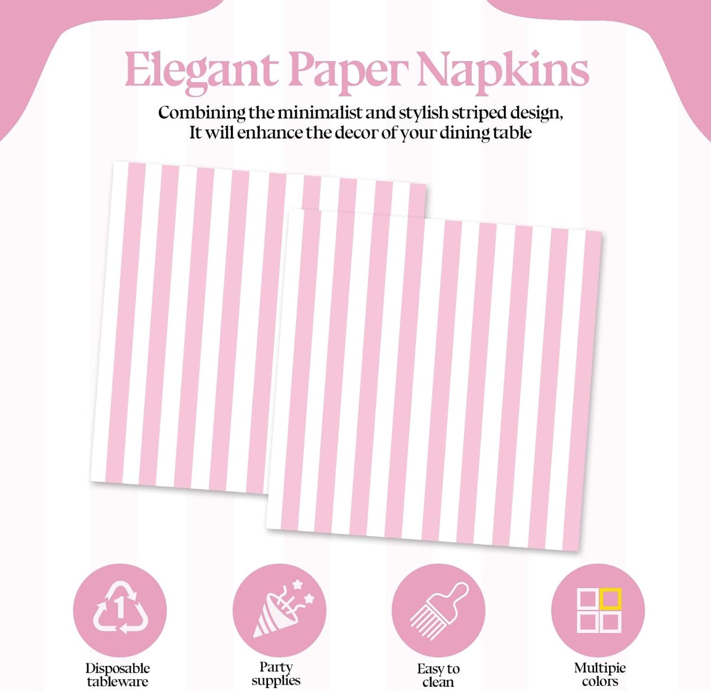 50PCS Pink and White Striped Paper Napkins, Light Pink Dinner Napkin Disposable Beverage Dessert Luncheon Napkins for Birthday Bridal & Baby Shower Wedding Party Supplies