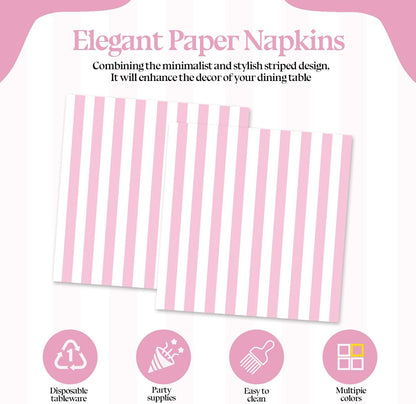 50PCS Pink and White Striped Paper Napkins, Light Pink Dinner Napkin Disposable Beverage Dessert Luncheon Napkins for Birthday Bridal & Baby Shower Wedding Party Supplies