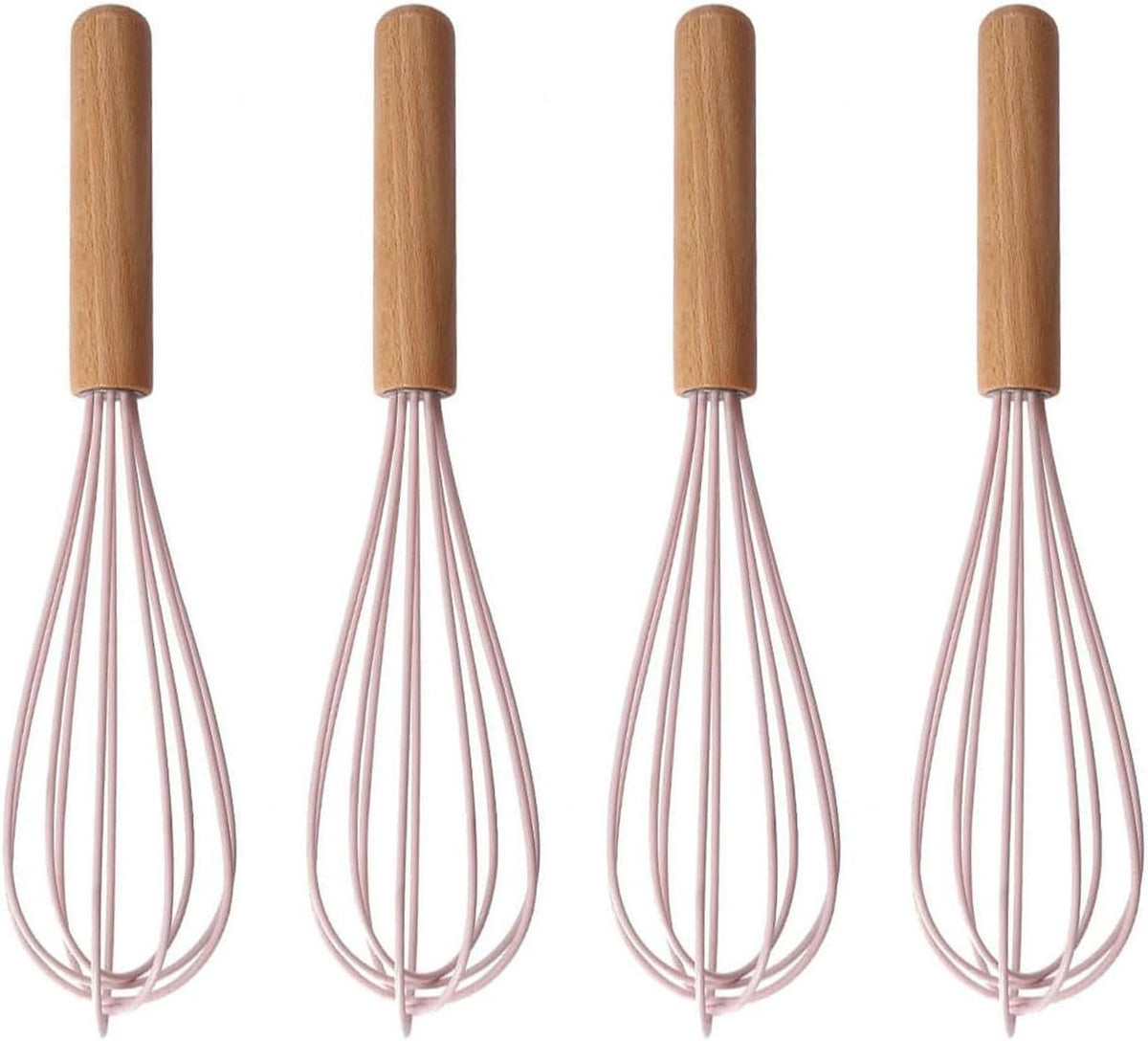 4Pack Wooden Handle Silicone Whisks for Baking - 10 Inch Balloon Egg Beater Set, Heat Resistant Non-Scratch Kitchen Whisk for Mixing, Whisking & Frothing (Pink)