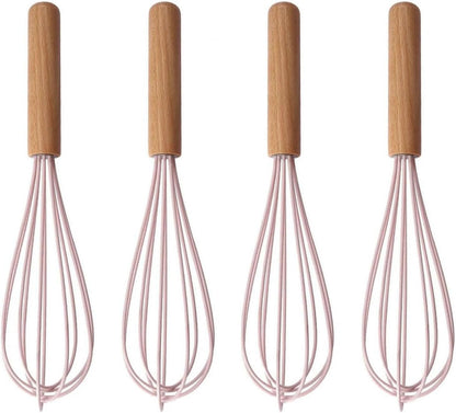 4Pack Wooden Handle Silicone Whisks for Baking - 10 Inch Balloon Egg Beater Set, Heat Resistant Non-Scratch Kitchen Whisk for Mixing, Whisking & Frothing (Pink)