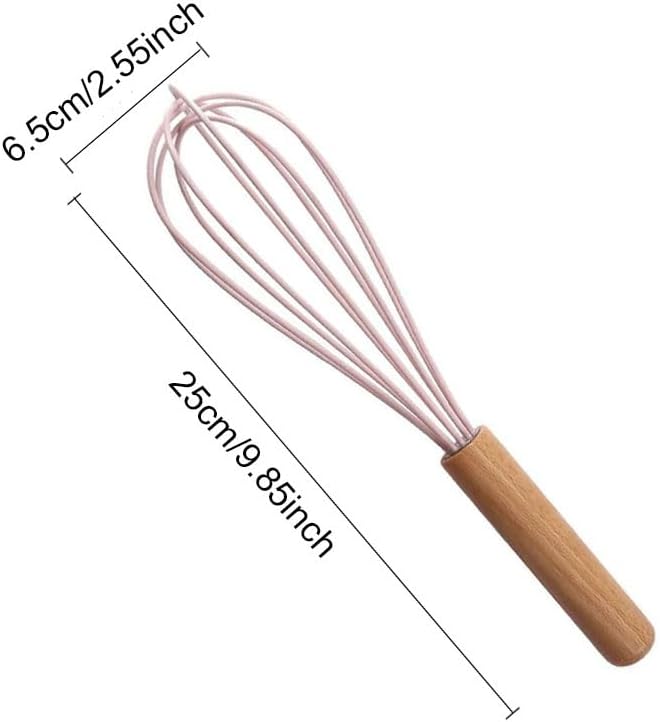 4Pack Wooden Handle Silicone Whisks for Baking - 10 Inch Balloon Egg Beater Set, Heat Resistant Non-Scratch Kitchen Whisk for Mixing, Whisking & Frothing (Pink)
