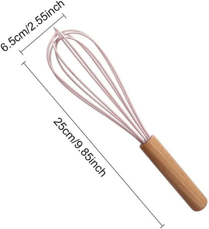 4Pack Wooden Handle Silicone Whisks for Baking - 10 Inch Balloon Egg Beater Set, Heat Resistant Non-Scratch Kitchen Whisk for Mixing, Whisking & Frothing (Pink)