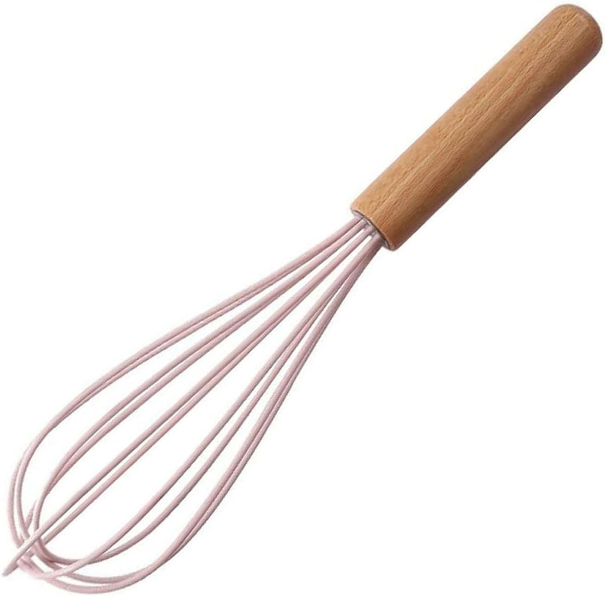 4Pack Wooden Handle Silicone Whisks for Baking - 10 Inch Balloon Egg Beater Set, Heat Resistant Non-Scratch Kitchen Whisk for Mixing, Whisking & Frothing (Pink)
