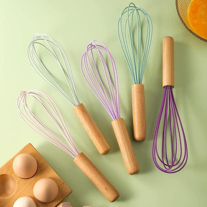 4Pack Wooden Handle Silicone Whisks for Baking - 10 Inch Balloon Egg Beater Set, Heat Resistant Non-Scratch Kitchen Whisk for Mixing, Whisking & Frothing (Pink)
