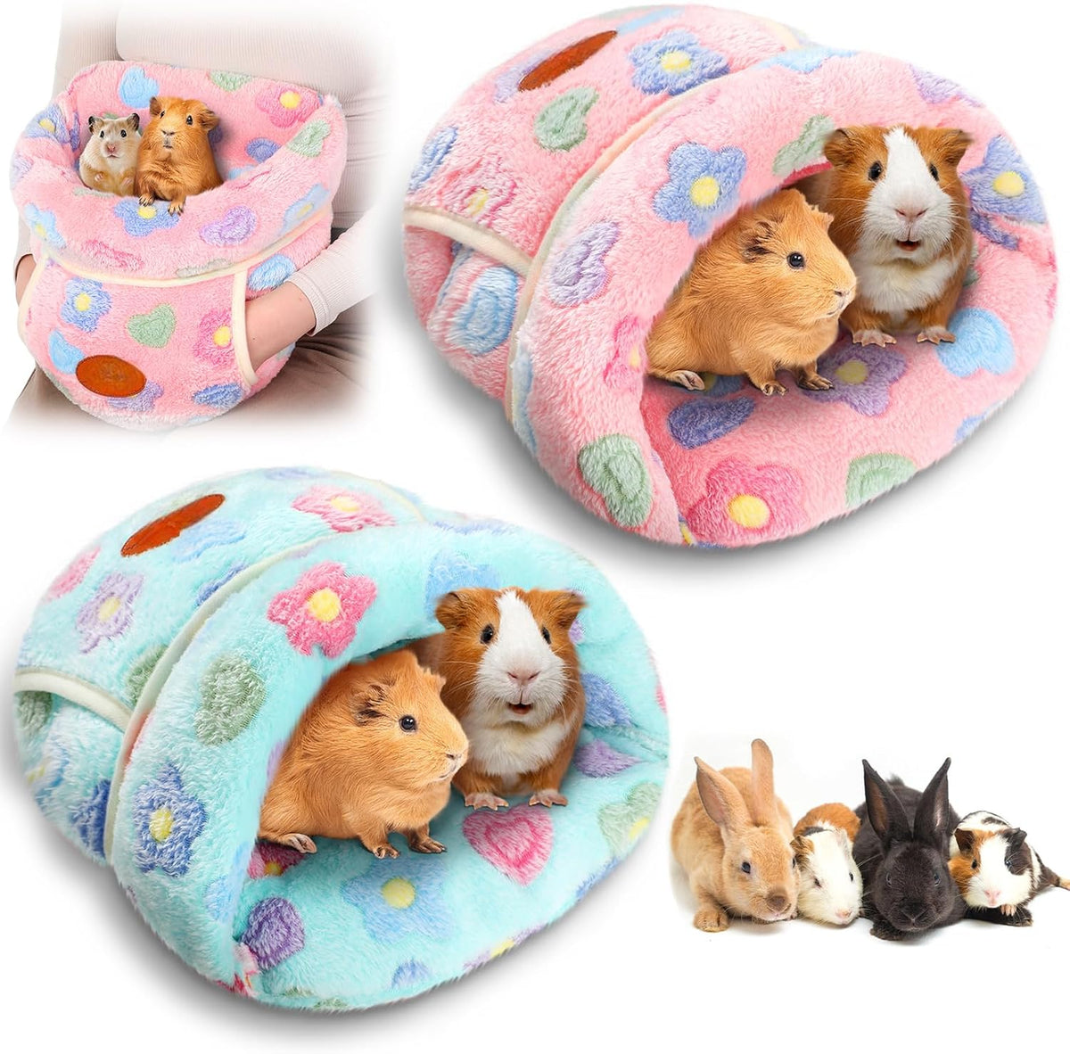 2 Pcs Guinea Pig Fleece Hideouts, Green, Pink, Flowers