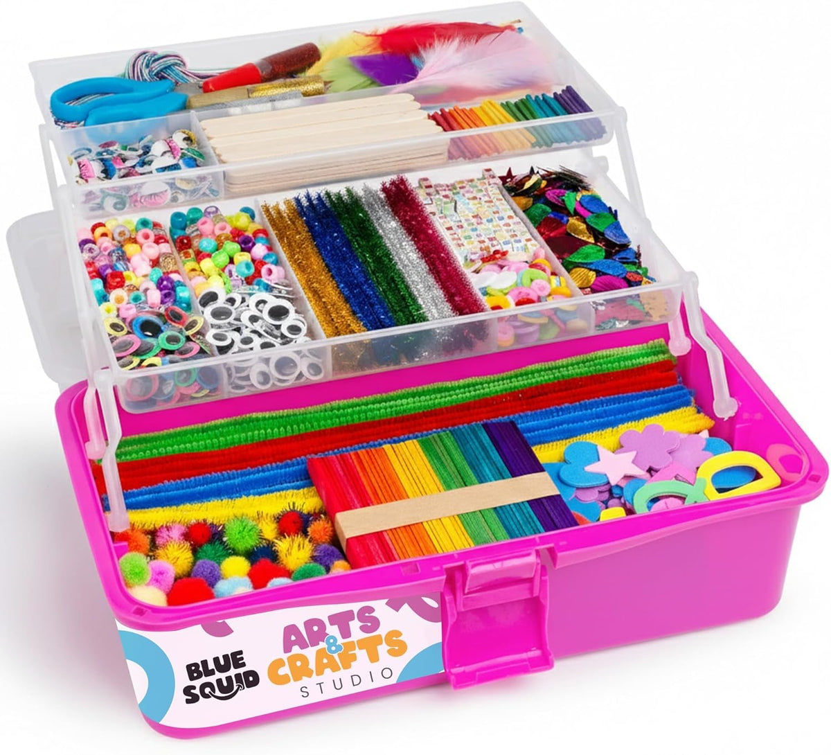 Arts & Crafts Box (Pink)- 2800+ pcs Deluxe Craft Supplies Box, 2 Drawers, 18 Compartments, Sturdy Handle - Art Crafting Kit Birthday Gifts for Kids, School Supply for Ages 4-12