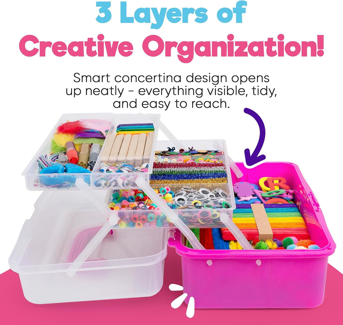 Arts & Crafts Box (Pink)- 2800+ pcs Deluxe Craft Supplies Box, 2 Drawers, 18 Compartments, Sturdy Handle - Art Crafting Kit Birthday Gifts for Kids, School Supply for Ages 4-12