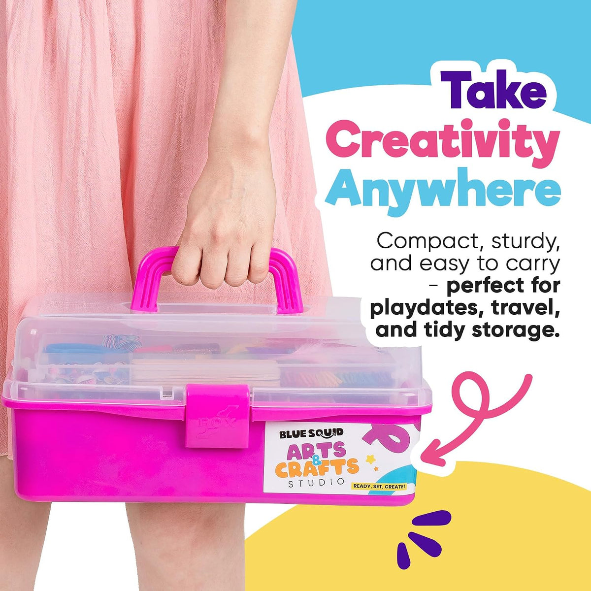 Arts & Crafts Box (Pink)- 2800+ pcs Deluxe Craft Supplies Box, 2 Drawers, 18 Compartments, Sturdy Handle - Art Crafting Kit Birthday Gifts for Kids, School Supply for Ages 4-12