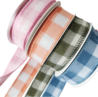 Meseey 7/8 Inch Pastel Plaid Wired Ribbon Set, 4 Rolls Total 40 Yards, Pink/Orange/Sage Green/Blue Buffalo Check Ribbon for Gift Wrapping, Wreath Making, Crafts, Baby Shower & Spring Decor