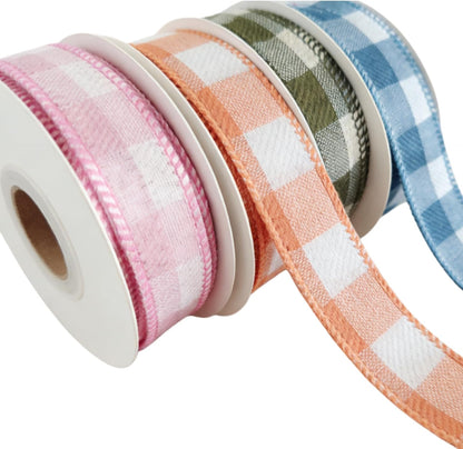 Meseey 7/8 Inch Pastel Plaid Wired Ribbon Set, 4 Rolls Total 40 Yards, Pink/Orange/Sage Green/Blue Buffalo Check Ribbon for Gift Wrapping, Wreath Making, Crafts, Baby Shower & Spring Decor