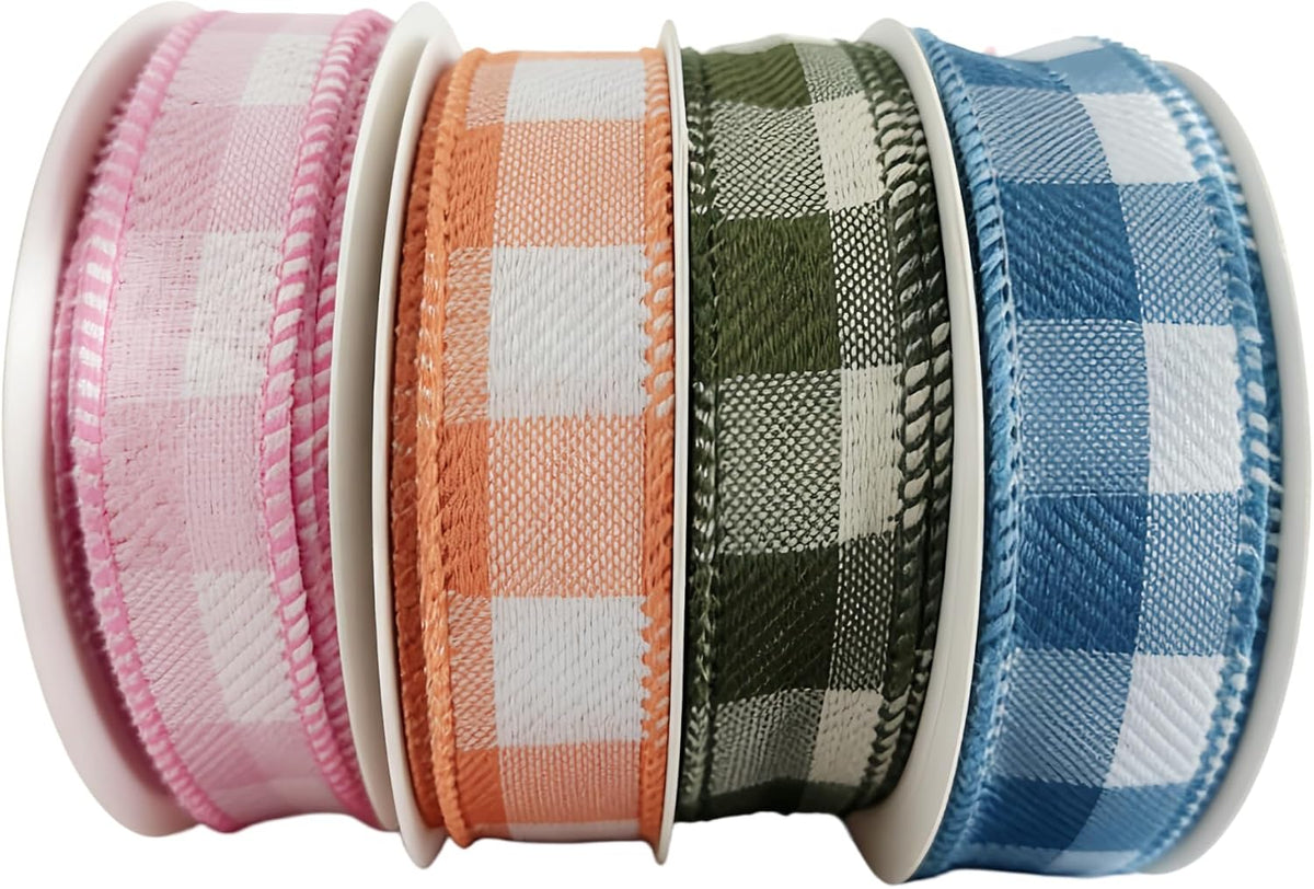 Meseey 7/8 Inch Pastel Plaid Wired Ribbon Set, 4 Rolls Total 40 Yards, Pink/Orange/Sage Green/Blue Buffalo Check Ribbon for Gift Wrapping, Wreath Making, Crafts, Baby Shower & Spring Decor