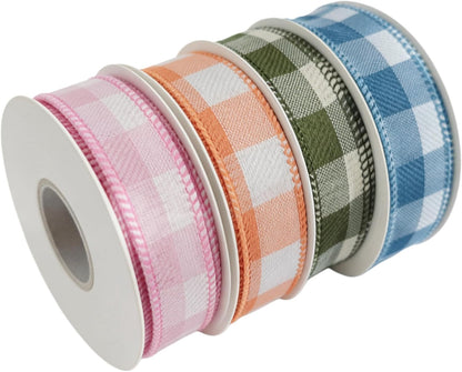 Meseey 7/8 Inch Pastel Plaid Wired Ribbon Set, 4 Rolls Total 40 Yards, Pink/Orange/Sage Green/Blue Buffalo Check Ribbon for Gift Wrapping, Wreath Making, Crafts, Baby Shower & Spring Decor