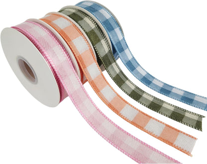 Meseey 7/8 Inch Pastel Plaid Wired Ribbon Set, 4 Rolls Total 40 Yards, Pink/Orange/Sage Green/Blue Buffalo Check Ribbon for Gift Wrapping, Wreath Making, Crafts, Baby Shower & Spring Decor
