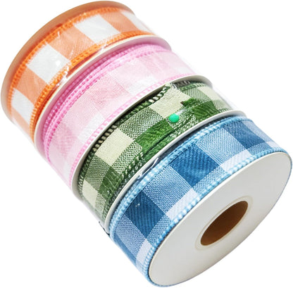 Meseey 7/8 Inch Pastel Plaid Wired Ribbon Set, 4 Rolls Total 40 Yards, Pink/Orange/Sage Green/Blue Buffalo Check Ribbon for Gift Wrapping, Wreath Making, Crafts, Baby Shower & Spring Decor