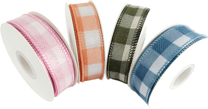 Meseey 7/8 Inch Pastel Plaid Wired Ribbon Set, 4 Rolls Total 40 Yards, Pink/Orange/Sage Green/Blue Buffalo Check Ribbon for Gift Wrapping, Wreath Making, Crafts, Baby Shower & Spring Decor
