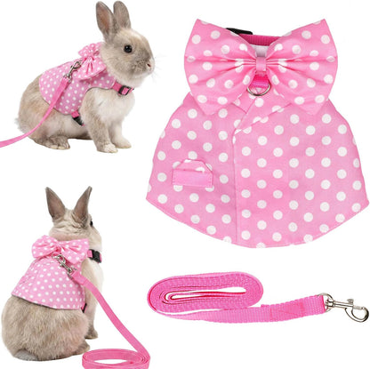 Bunny Harness and Leash Set, Soft Mesh Rabbit Harness with Bow, Adjustable Escape Proof Vest for Small Pets Rabbits Kittens Guinea Pigs (Pink Polka Dots, M)