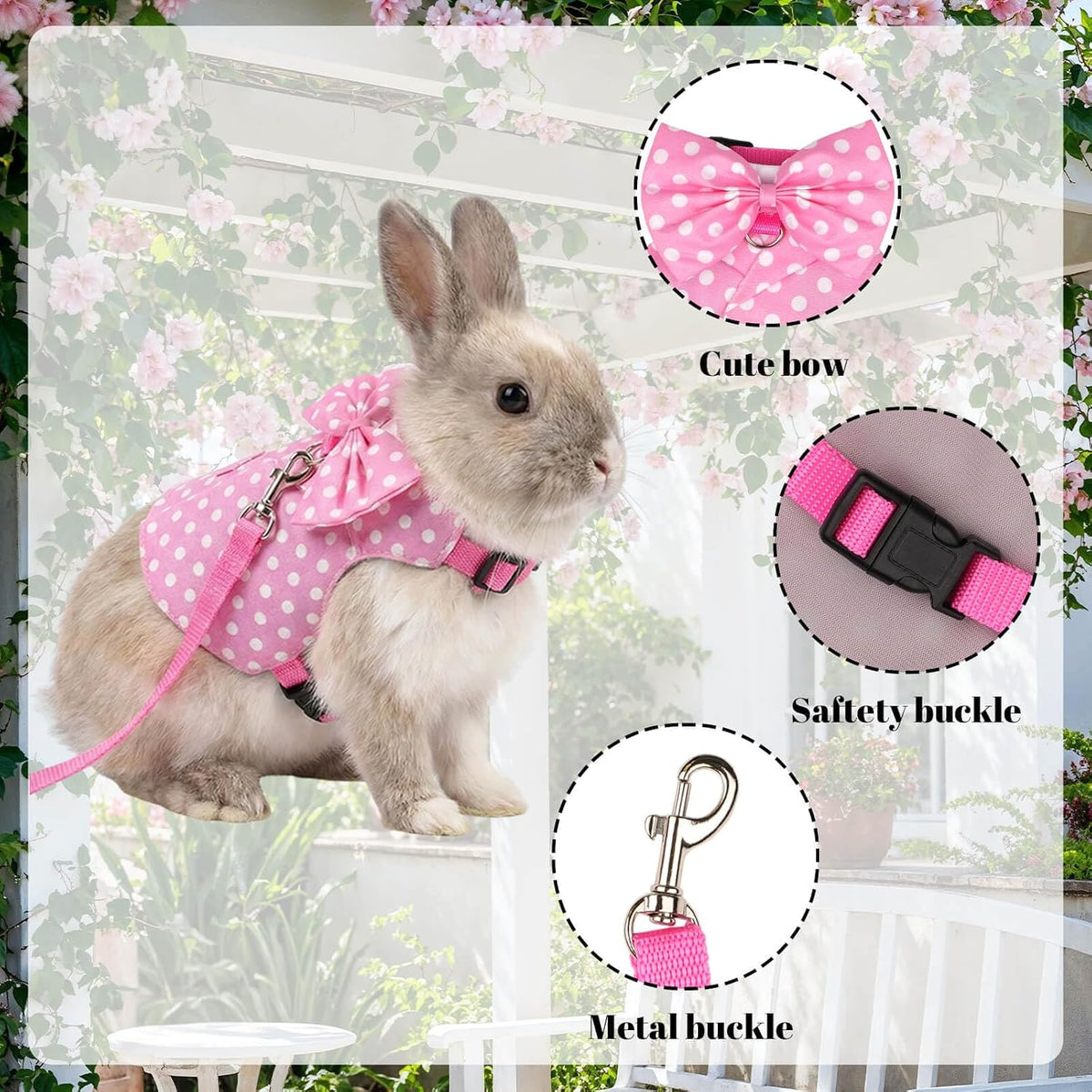 Bunny Harness and Leash Set, Soft Mesh Rabbit Harness with Bow, Adjustable Escape Proof Vest for Small Pets Rabbits Kittens Guinea Pigs (Pink Polka Dots, M)
