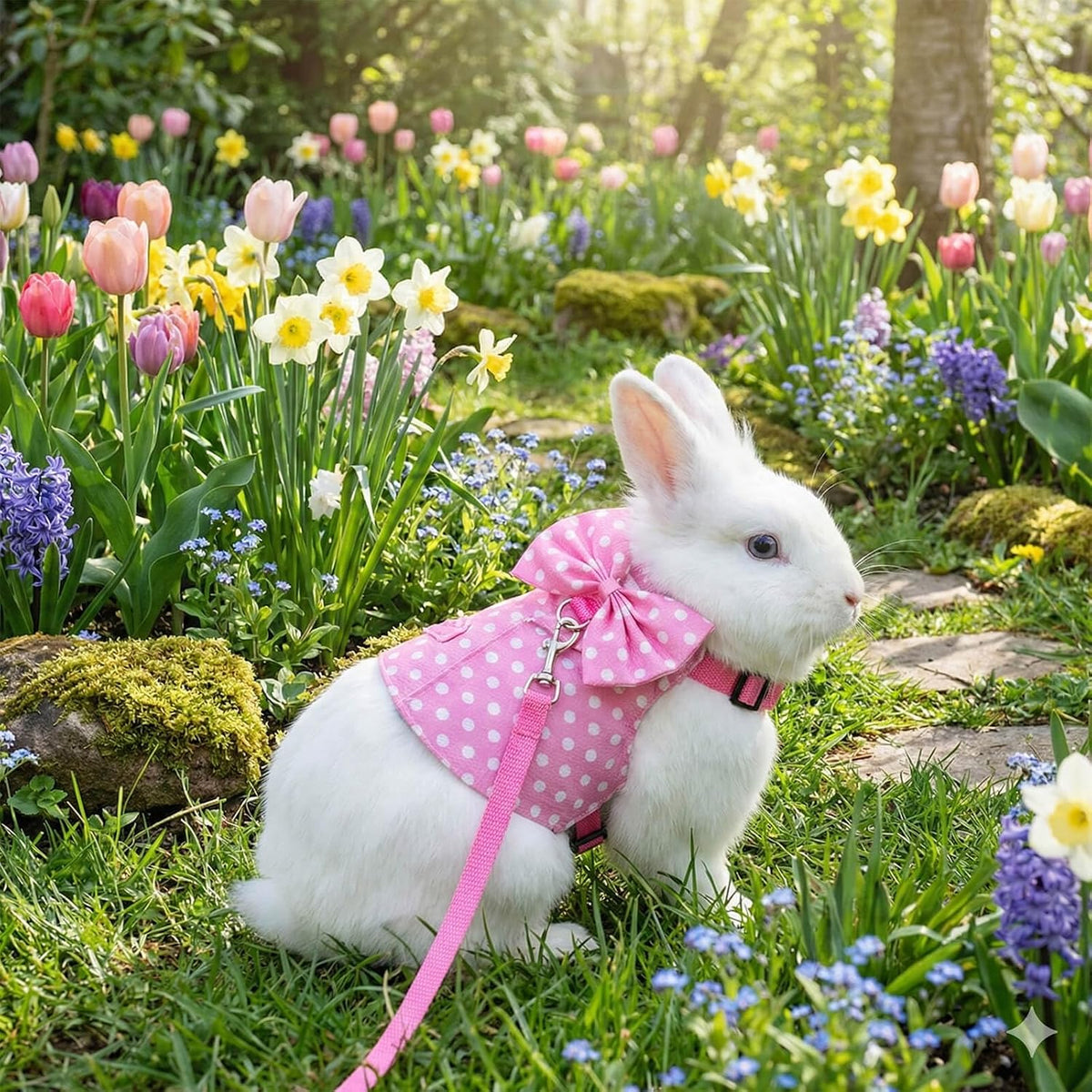 Bunny Harness and Leash Set, Soft Mesh Rabbit Harness with Bow, Adjustable Escape Proof Vest for Small Pets Rabbits Kittens Guinea Pigs (Pink Polka Dots, M)