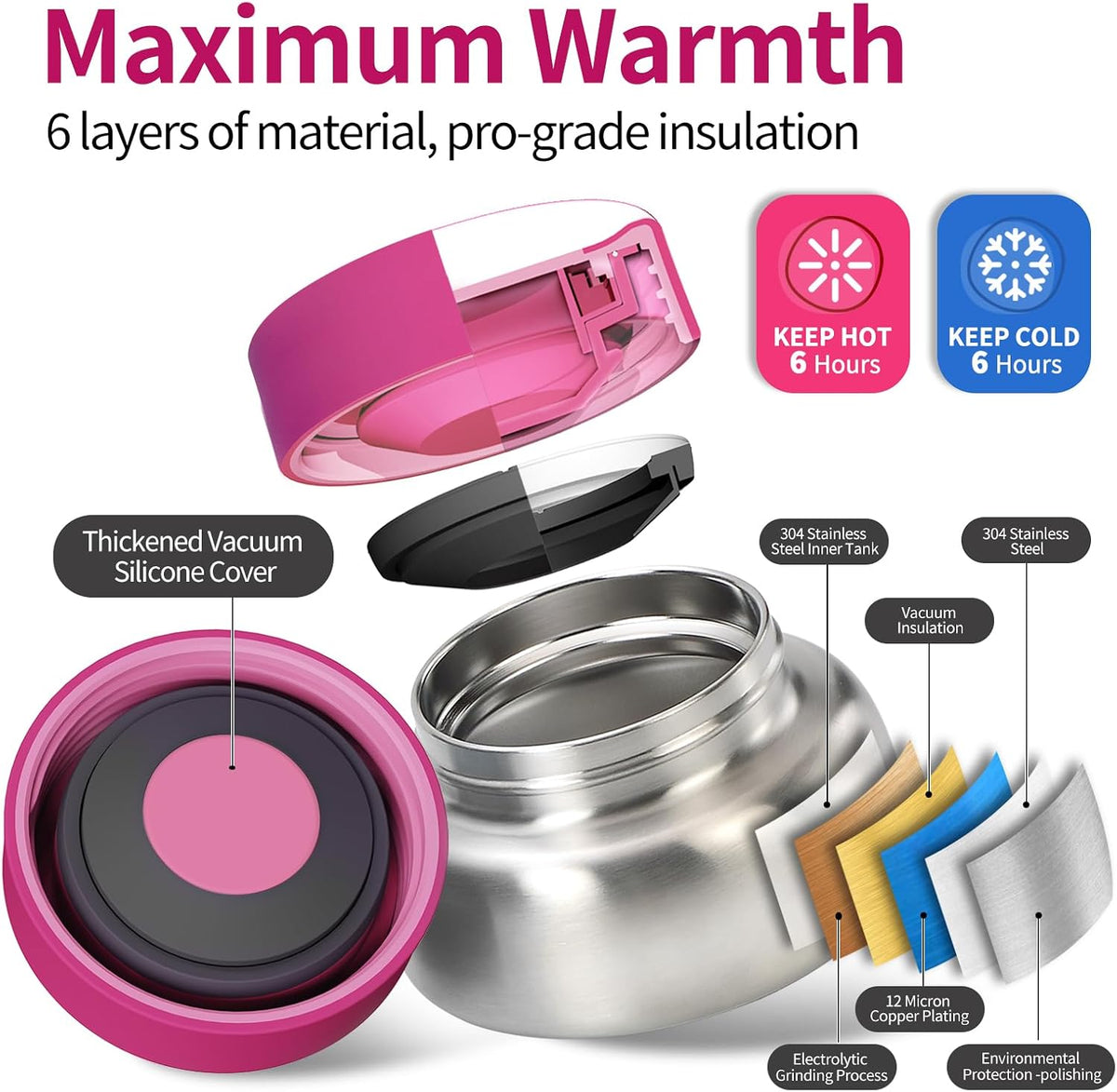 Kids Bento Box for Thermos, [Large Capacity] Insulated Lunch Box Kids with 4 Compartment for Ages 3+, Drop-Proof & Dishwasher Safe Lunchbox Container Pink