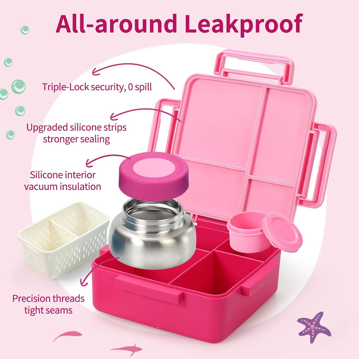 Kids Bento Box for Thermos, [Large Capacity] Insulated Lunch Box Kids with 4 Compartment for Ages 3+, Drop-Proof & Dishwasher Safe Lunchbox Container Pink
