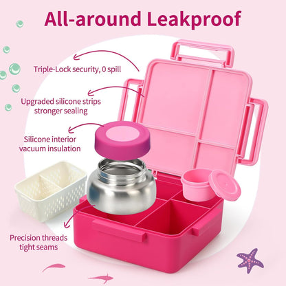 Kids Bento Box for Thermos, [Large Capacity] Insulated Lunch Box Kids with 4 Compartment for Ages 3+, Drop-Proof & Dishwasher Safe Lunchbox Container Pink
