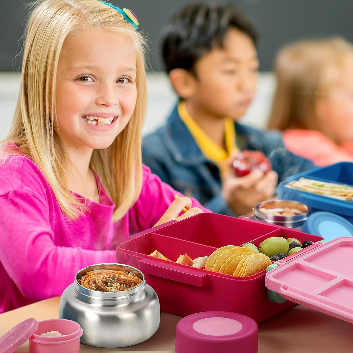 Kids Bento Box for Thermos, [Large Capacity] Insulated Lunch Box Kids with 4 Compartment for Ages 3+, Drop-Proof & Dishwasher Safe Lunchbox Container Pink