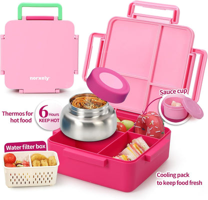 Kids Bento Box for Thermos, [Large Capacity] Insulated Lunch Box Kids with 4 Compartment for Ages 3+, Drop-Proof & Dishwasher Safe Lunchbox Container Pink