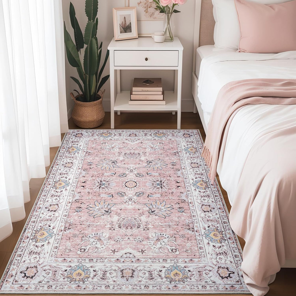 3x5 Washable Bedside Pink Rug Vintage Floral Rugs for Girl Bedroom