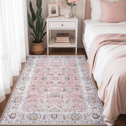 3x5 Washable Bedside Pink Rug Vintage Floral Rugs for Girl Bedroom