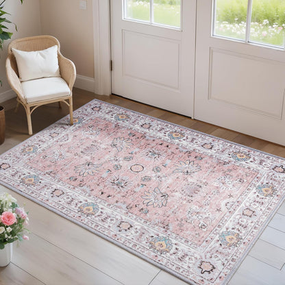 3x5 Washable Bedside Pink Rug Vintage Floral Rugs for Girl Bedroom
