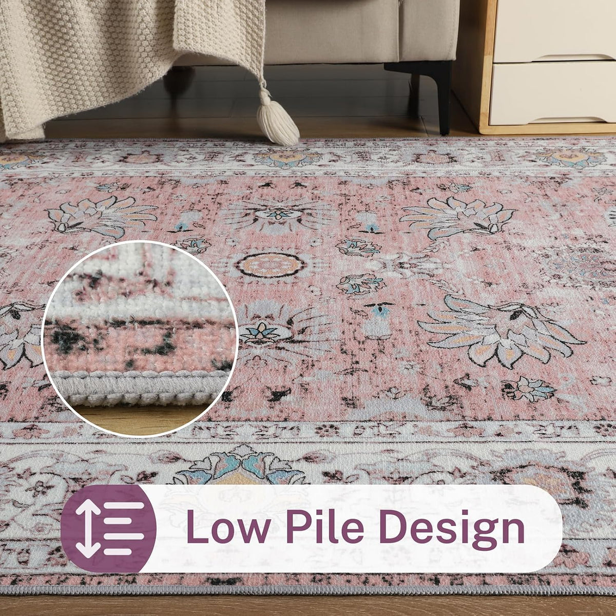 3x5 Washable Bedside Pink Rug Vintage Floral Rugs for Girl Bedroom
