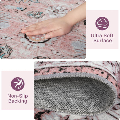 3x5 Washable Bedside Pink Rug Vintage Floral Rugs for Girl Bedroom