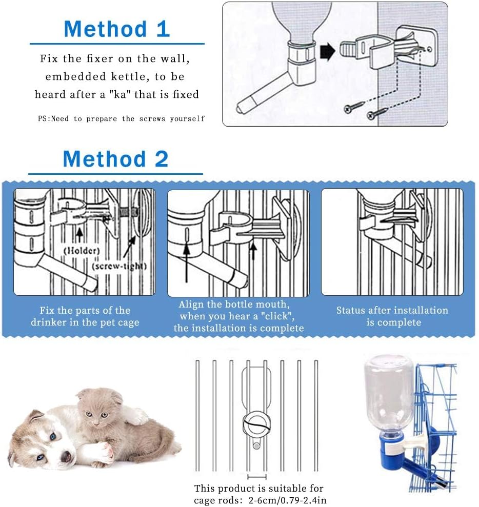 Andiker Dog Water Bottle for Crate, No-drip 350ml Dog Water Dispenser Adjustable and Detachable Installed on the Kennel Cage Water Bottle for Dogs and Puppy Drinking Water (Pink)