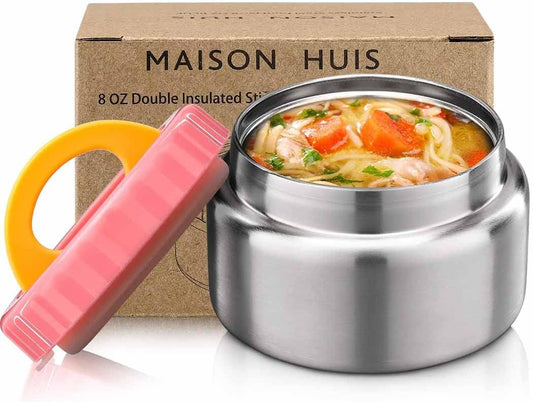 8oz Soup Thermo Wide Mouth Vacuum Insulated Food Jar for Hot&Cold Food, Leak Proof Stainless Steel Kids Lunch Container for School Travel(Pink)