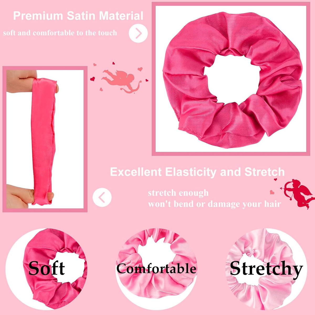 Satin Scrunchies Set of 12 - Elastic Silk Bubble for Girls, Pink Hair Accessories and Valentine's Day Gifts
