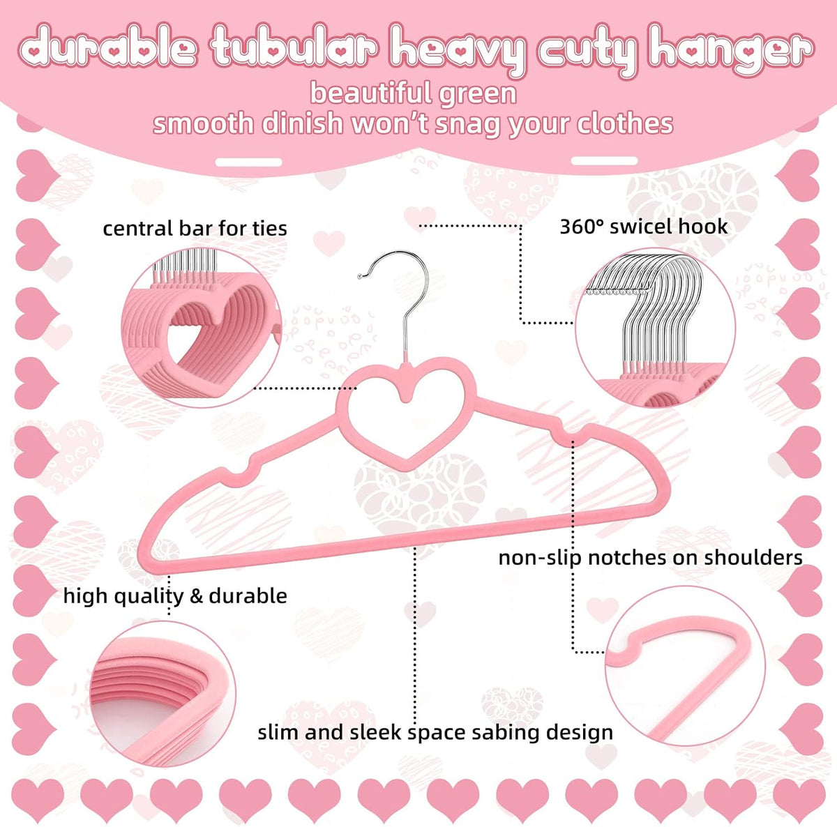 50 Pcs Pink Velvet Heart Hangers with 360° Swivel Hooks