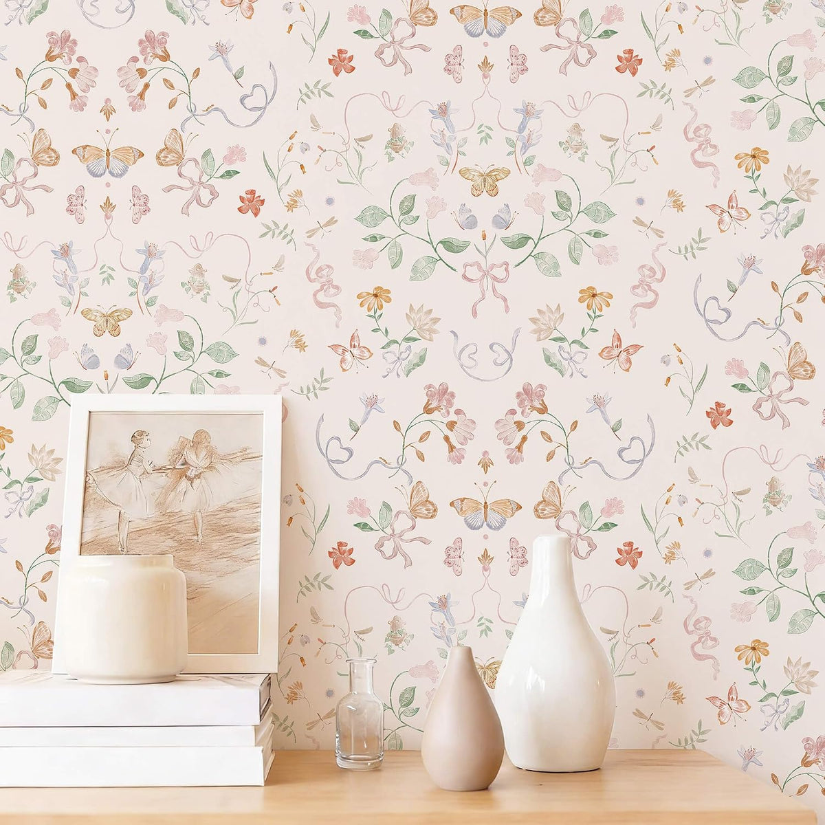 Peel and Stick Wallpaper for Nursery Pink Cute Bow Leaf Waterproof