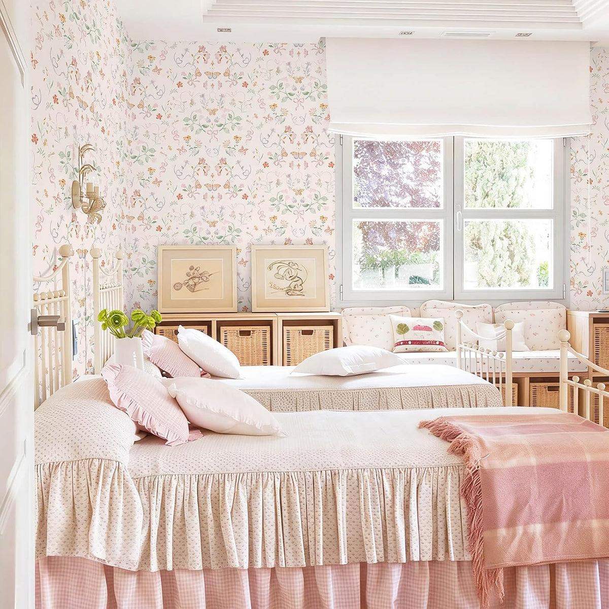 Peel and Stick Wallpaper for Nursery Pink Cute Bow Leaf Waterproof