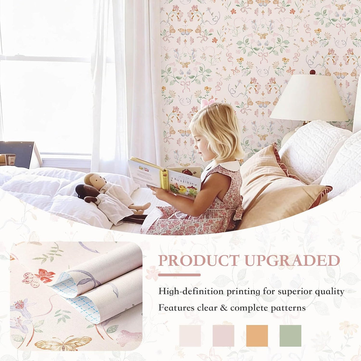 Peel and Stick Wallpaper for Nursery Pink Cute Bow Leaf Waterproof