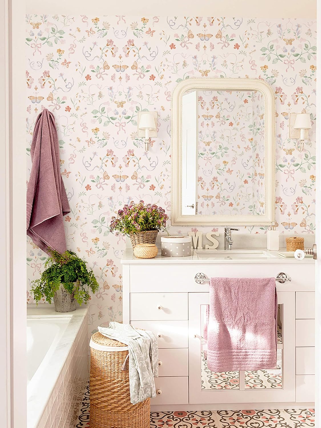 Peel and Stick Wallpaper for Nursery Pink Cute Bow Leaf Waterproof