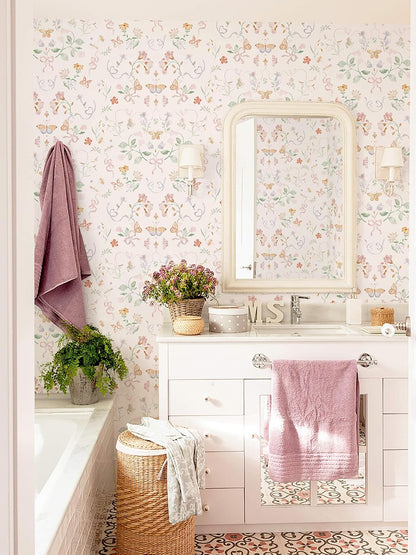 Peel and Stick Wallpaper for Nursery Pink Cute Bow Leaf Waterproof