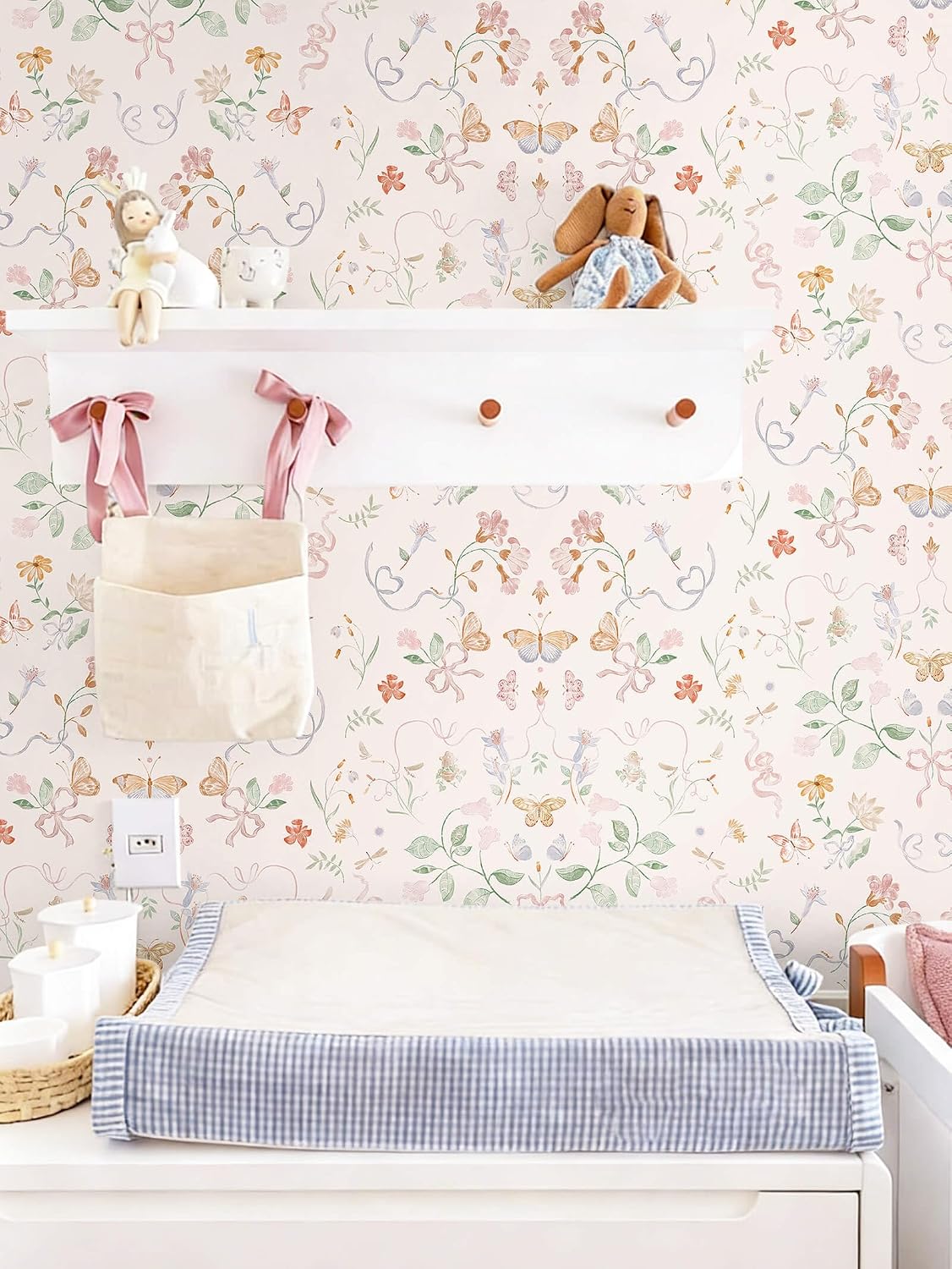 Peel and Stick Wallpaper for Nursery Pink Cute Bow Leaf Waterproof