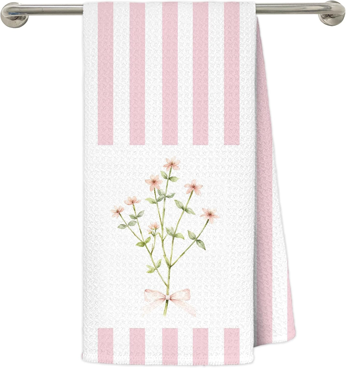 Pink Striped Floral Kitchen Dish Towels, Pastel Pink Flower Wildflower Bouquet Decorative Hand Towels for Bathroom, 16x24 Inch