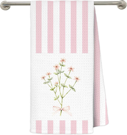 Pink Striped Floral Kitchen Dish Towels, Pastel Pink Flower Wildflower Bouquet Decorative Hand Towels for Bathroom, 16x24 Inch