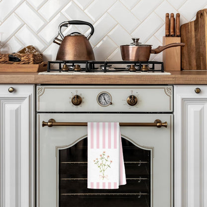 Pink Striped Floral Kitchen Dish Towels, Pastel Pink Flower Wildflower Bouquet Decorative Hand Towels for Bathroom, 16x24 Inch