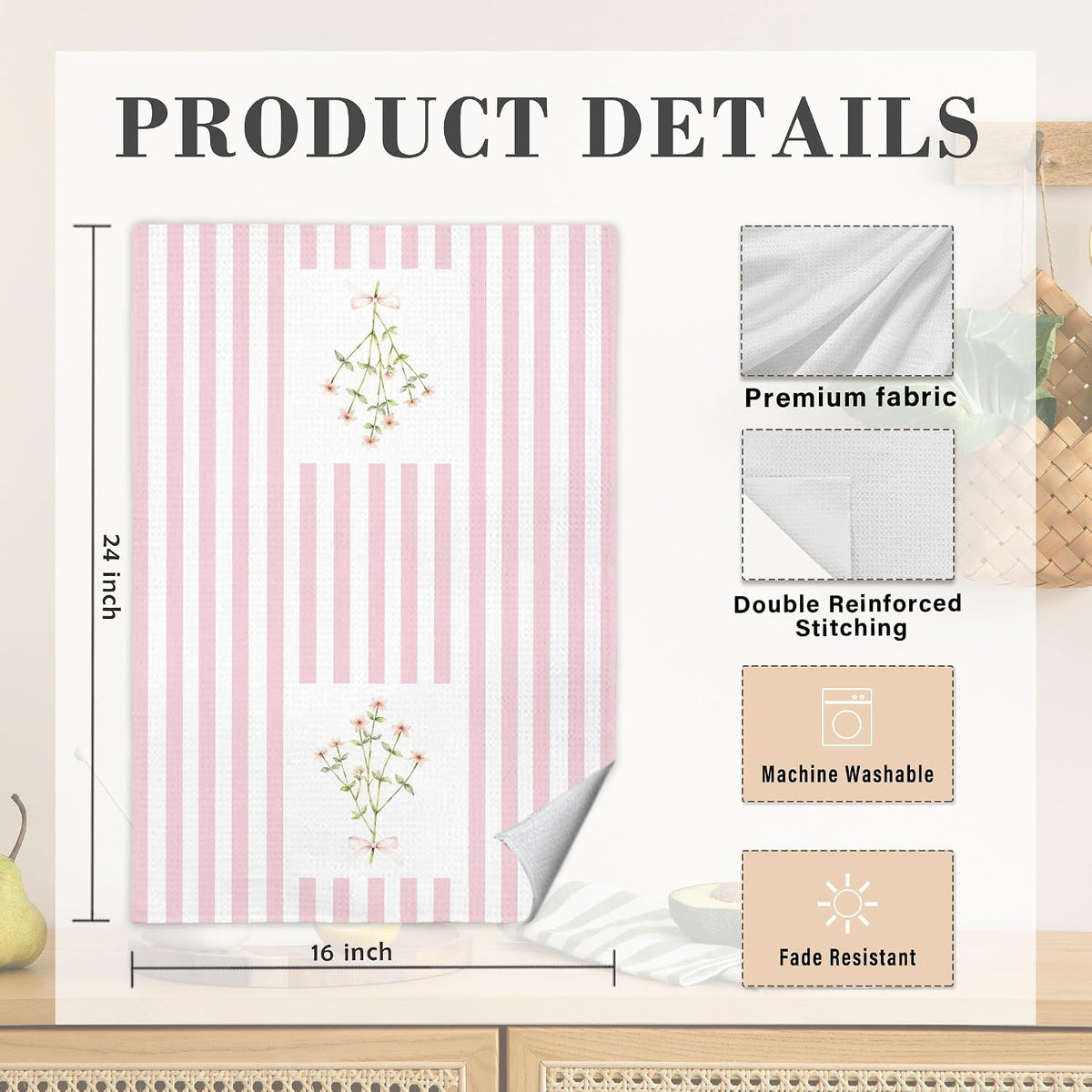 Pink Striped Floral Kitchen Dish Towels, Pastel Pink Flower Wildflower Bouquet Decorative Hand Towels for Bathroom, 16x24 Inch