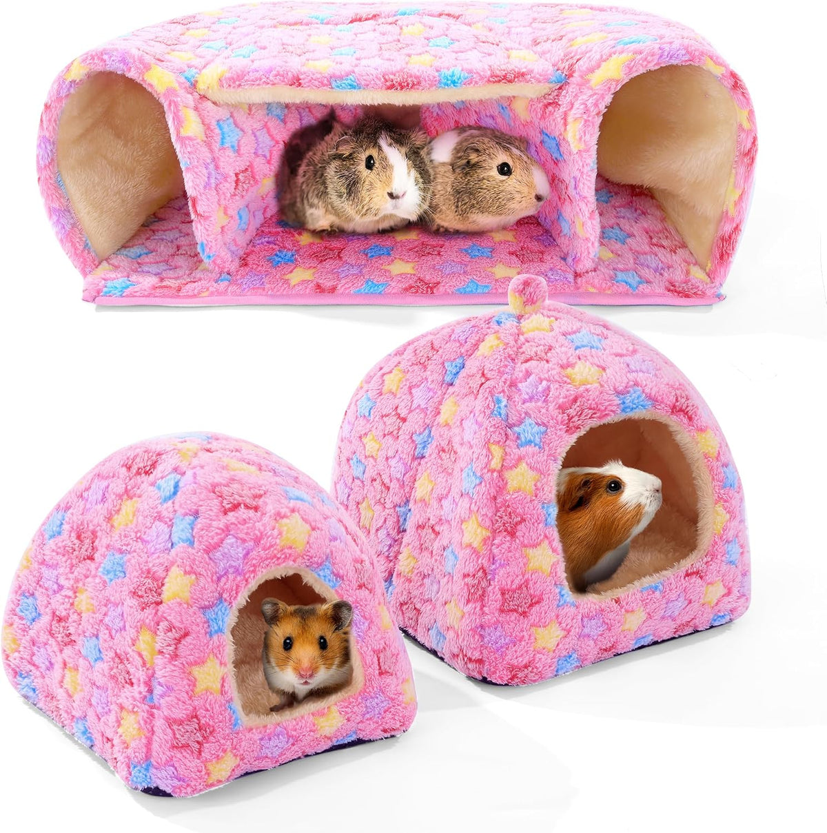 3 Pack Guinea Pig House Accessories, 2 Cozy Guinea Pig Bed and Hideout Tunnel, Chinchillas Hideout for Hamster, Rabbit, Bunny, Chinchillas (Pink, L)