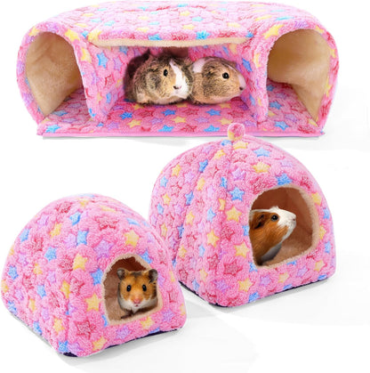 3 Pack Guinea Pig House Accessories, 2 Cozy Guinea Pig Bed and Hideout Tunnel, Chinchillas Hideout for Hamster, Rabbit, Bunny, Chinchillas (Pink, L)