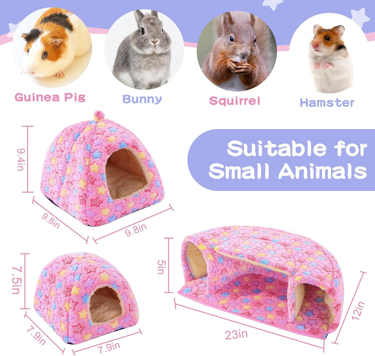 3 Pack Guinea Pig House Accessories, 2 Cozy Guinea Pig Bed and Hideout Tunnel, Chinchillas Hideout for Hamster, Rabbit, Bunny, Chinchillas (Pink, L)