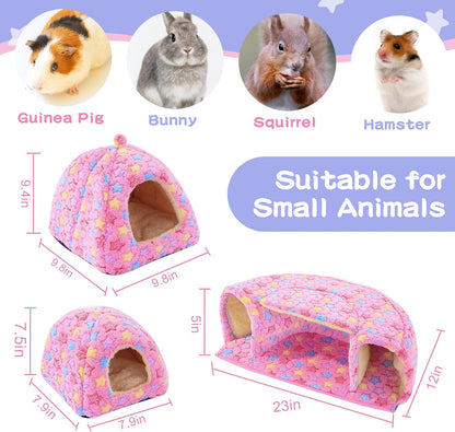 3 Pack Guinea Pig House Accessories, 2 Cozy Guinea Pig Bed and Hideout Tunnel, Chinchillas Hideout for Hamster, Rabbit, Bunny, Chinchillas (Pink, L)